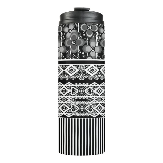 Garrafa Térmica Padrão preto e branco com rendas e retalhos (Frente)