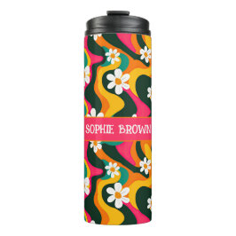 Garrafa Térmica Padrão retrorreflector floral 70s com nome colorid
