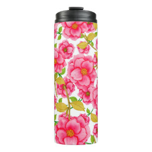 Garrafa Térmica Padrão sem costura de aquarelas com flores. Vintag