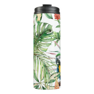 Garrafa Térmica Padrão sem costura tropical aquarela com papagaio