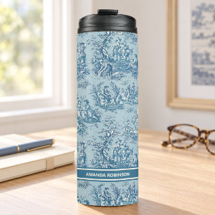 Garrafa Térmica Padrão Toile de Jouy Azul Turquesa Vintage Francês