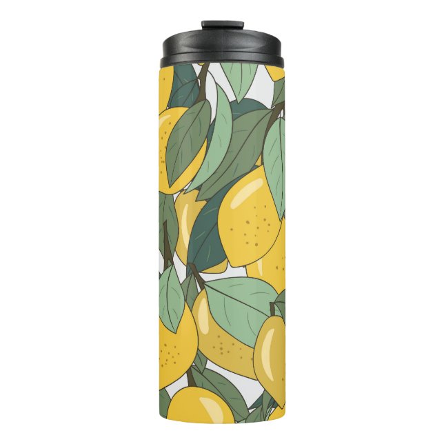 Garrafa Térmica Padrão tropical com limões amarelos. (Frente)