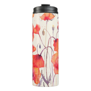 Garrafa Térmica Padrão uniforme de aquarela com papoilas vermelha