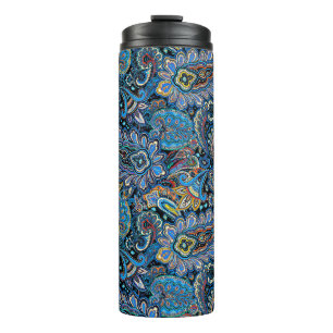 Garrafa Térmica Padrão Vibrante de Paisley em Azul sobre Preto