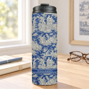 Garrafa Térmica Padrão Vintage Toile de Jouy Francês Azul Escuro