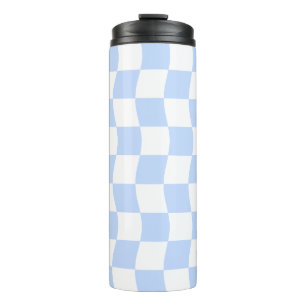 Garrafa Térmica Padrão Xadrez Branco Azul Pastel Retro
