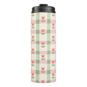 Garrafa Térmica Padrão Xadrez de Tulipa Fofa Floral Pastel