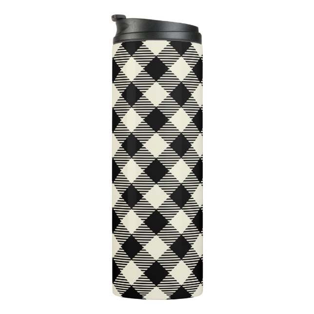 Garrafa Térmica Padrão Xadrez Gingham Preto e Bege Diagonal (Rotação à direita)