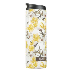 Garrafa Térmica Padrões de Aquarela Amarelo e Branco Magnolia Flor