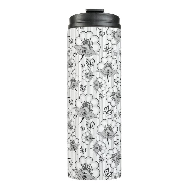 Garrafa Térmica Padrões de flores contínuas preto e branco fofos (Frente)