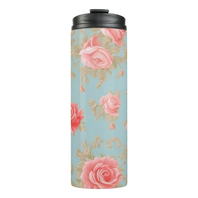 Garrafa Térmica Padrões Florais de Rosas Rosa (Frente)
