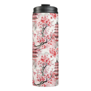 Garrafa Térmica Pagoda Chinesa Aquarela com Blossomas de Cereja (9