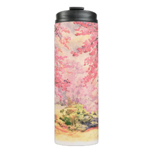 Garrafa Térmica Paisagem de aquarela paisagem rosa flor vermelha d