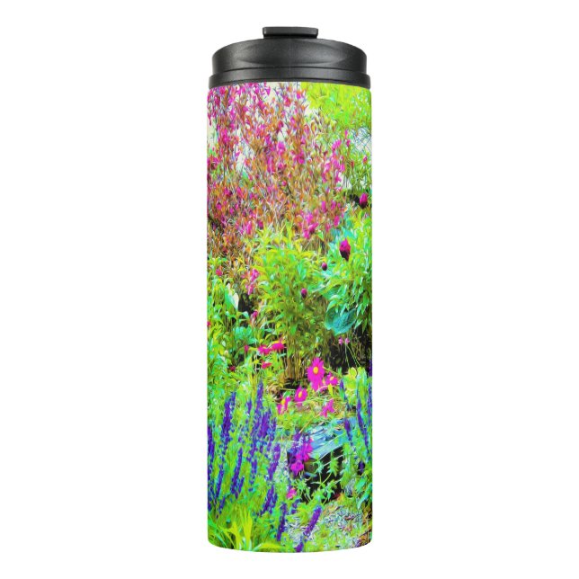 Garrafa Térmica Paisagem Primavera verde do jardim com peônias (Frente)