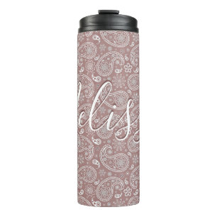 Garrafa Térmica Paisley branco e dourado rosa personalizado