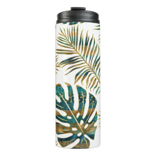 Garrafa Térmica Palha, folhas tropicais com padrão dourado, pince