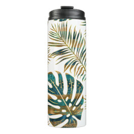 Garrafa Térmica Palha, folhas tropicais com padrão dourado, pincel