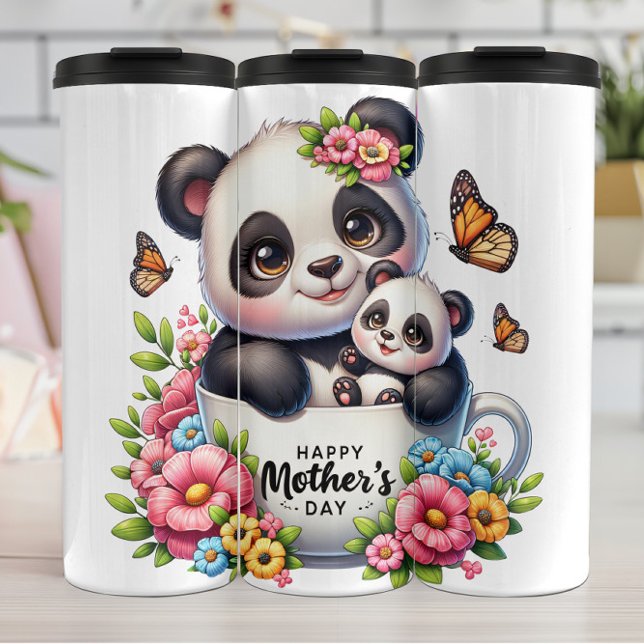 Garrafa Térmica Panda Mãe: Cubo, Flores, Dia de as mães (Criador carregado)
