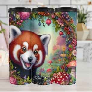Garrafa Térmica Panda vermelha sorridente em um jardim de fadas
