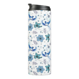 Garrafa Térmica Pássaros Azuis e Harmonia Floral Padrão Sem Costur