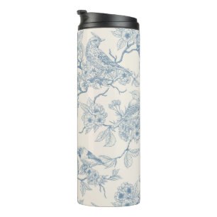 Garrafa Térmica Pássaros e flor de cerejeira em azul e branco esma