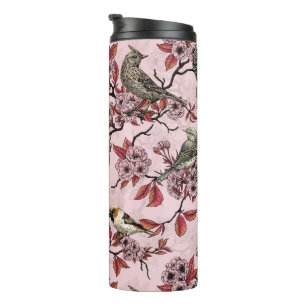 Garrafa Térmica Pássaros e flor de cerejeira em rosa claro