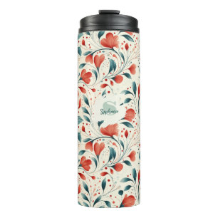 Garrafa Térmica Pasta Azul Whimsical e Padrão Floral Vermelho
