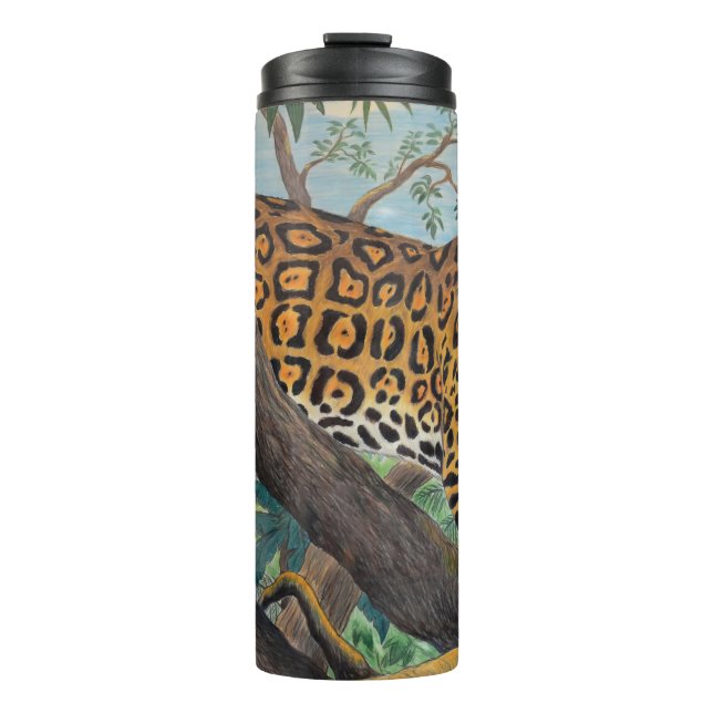 Garrafa Térmica Pastel Jaguar: desenho da selva. (Frente)