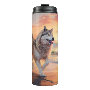 Garrafa Térmica Patas de Areia Malamute do Alasca Cachorro na Prai