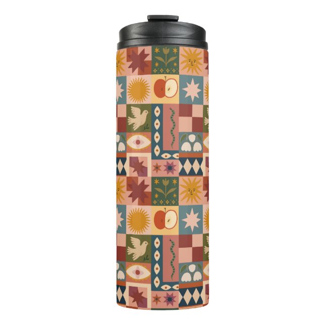 Garrafa Térmica Patchwork celestial boêmica com símbolos místicos (Frente)