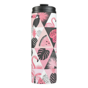 Garrafa Térmica Patchwork Tropical: Flamingo Watermelon Seamless.