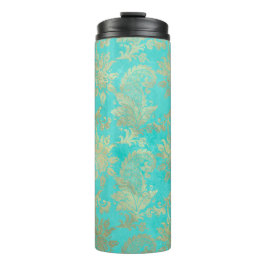 Garrafa Térmica Pavão Damask Turquesa e Dourado