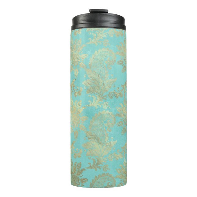 Garrafa Térmica Pavão Damask Turquesa e Dourado (Frente)