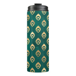 Garrafa Térmica Pavão em Teal e Dourado Grunge Vintage