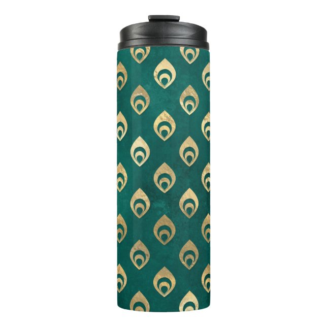 Garrafa Térmica Pavão em Teal e Dourado Grunge Vintage (Frente)