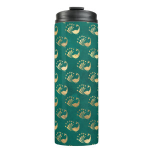 Garrafa Térmica Pavão em Teal e Dourado Grunge Vintage
