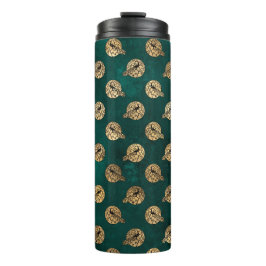 Garrafa Térmica Pavão em Teal e Dourado Grunge Vintage