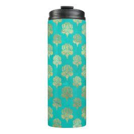Garrafa Térmica Pavão Grunge Damask Turquesa e Dourado