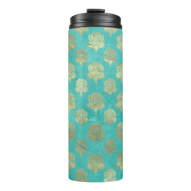 Garrafa Térmica Pavão Grunge Damask Turquesa e Dourado (Frente)