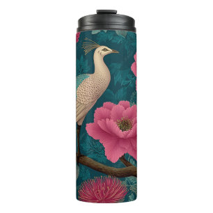 Garrafa Térmica Pavão Vibrante e Padrão Floral Rosa