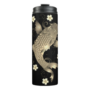 Garrafa Térmica Peixe-koi, preto oriental e ouro, elegante floral