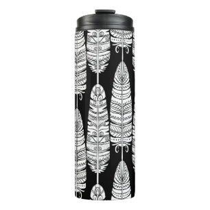 Garrafa Térmica Penas boho: padrão preto e branco