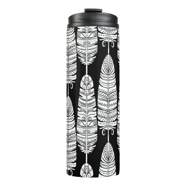 Garrafa Térmica Penas boho: padrão preto e branco (Frente)