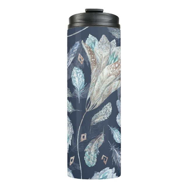 Garrafa Térmica Penas Chic Boho Flores: Azul Escuro-Aquarela P (Frente)
