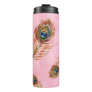 Garrafa Térmica Penas de pavão Douradas, padrão uniforme de aquare