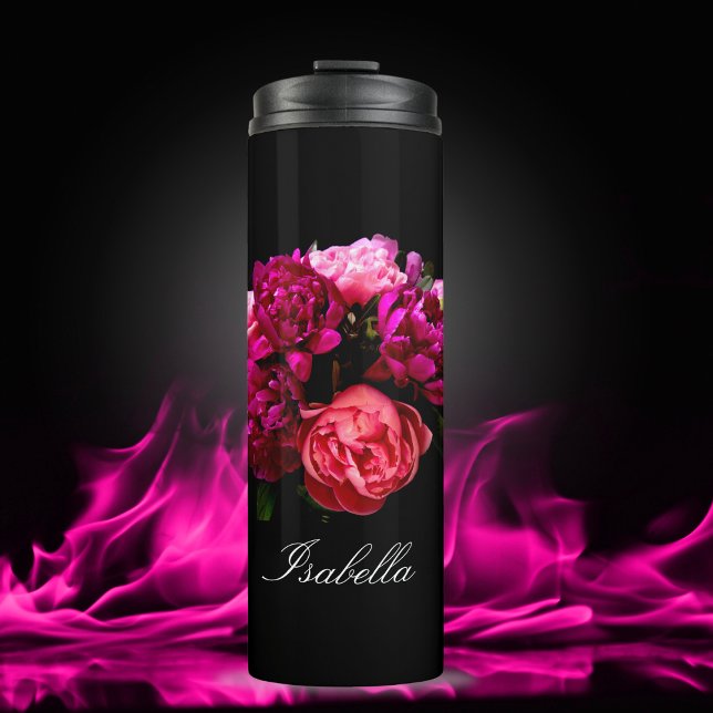 Garrafa Térmica Peônias Dramáticas Rosa e Roxo Nome (Criador carregado)