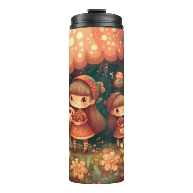 Garrafa Térmica Pequenos elfos bonitos debaixo dos cogumelos (Frente)