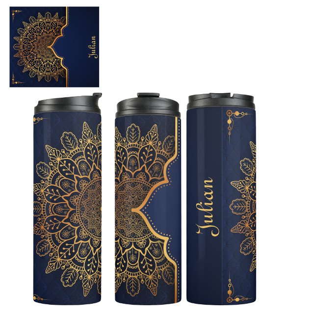 Garrafa Térmica Personalizado Elegante Escuro Azul Faux Dourado Ma (Get this Elegant custom dark blue and faux gold mandala for friends, family or you.  )