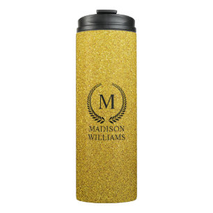 Garrafa Térmica Personalizado Monograma Preto e Dourado com Brilho