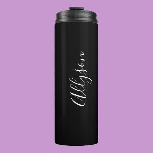 Garrafa Térmica Personalizar Nome, Script Branco Vertical, Preto